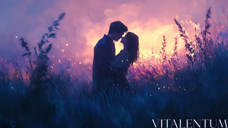 Silhouetted Couple Kissing in Golden Hour Field.