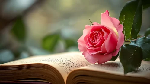 Pink rose bloom resting on open book pages with selective focus rendering