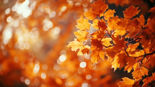 Golden autumn maple leaves glow in warm afternoon light.