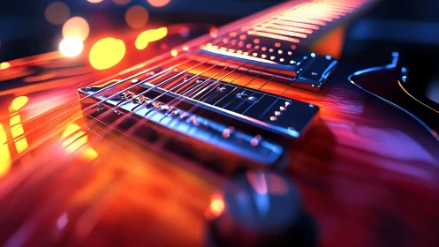 Electric guitar macro under vivid neon concert lighting.