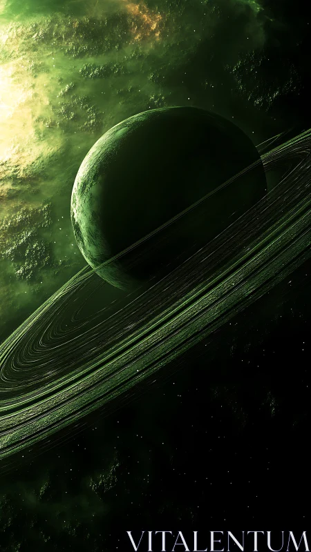 Green ringed planet in deep space with glowing nebula.