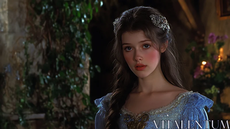 Young noblewoman in blue gown under warm candlelight