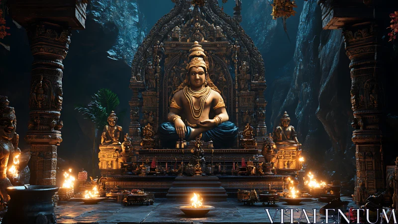 Golden deity statue dominates firelit cavern shrine