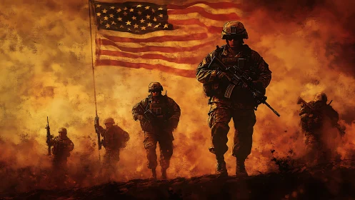 US soldiers advancing through smoke with American flag backdrop