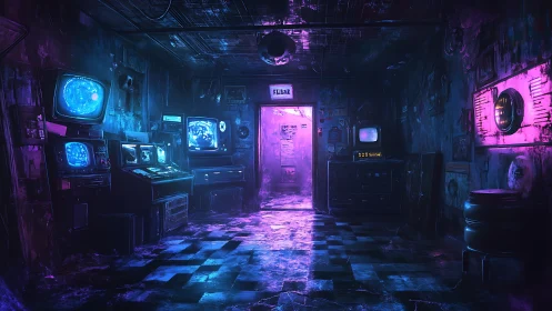 Neon lit control room hallway glowing with retro mystery.