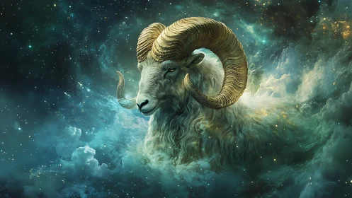 Majestic celestial ram drifts calmly through starlit clouds