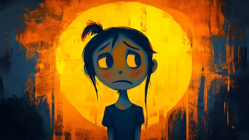 Digital painting of pensive child against textured halo backdrop.