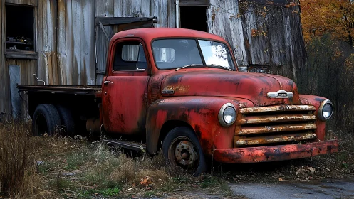 Weathered red pickup resting quietly beside an old barn.