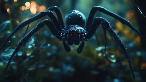 Glistening forest spider poised under eerie blue light.