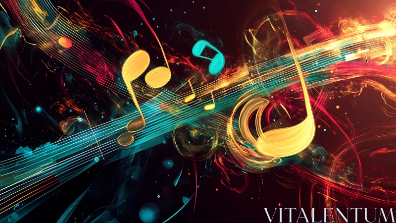 Vibrant digital music notes swirling through neon light trails.