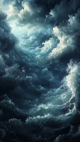 Stormlit ocean waves swirling beneath glowing clouds.