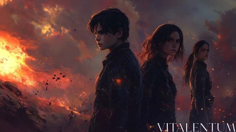 Three embers-lit rebels stand amid apocalyptic stormfire clouds