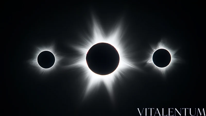 Triple solar eclipse sequence with radiant white coronae.