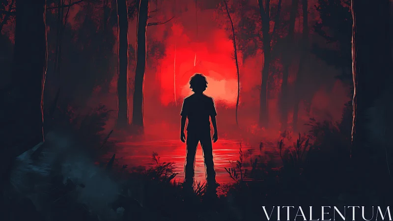 Silhouetted figure stands by reflective water in red forest