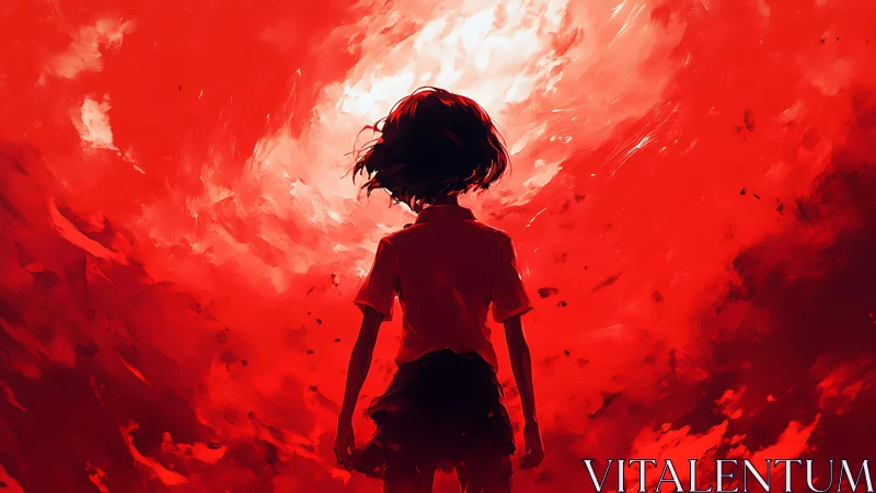 Silhouette of lone figure facing bright red vortex.