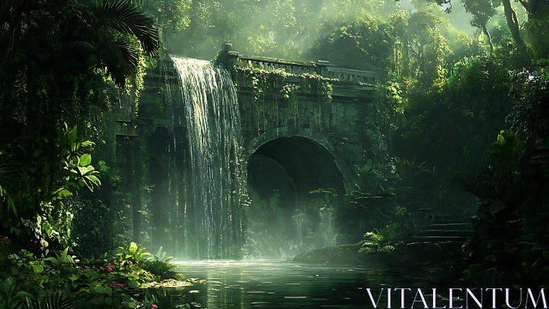 Lush jungle ruins with cascading waterfall over stone archway.