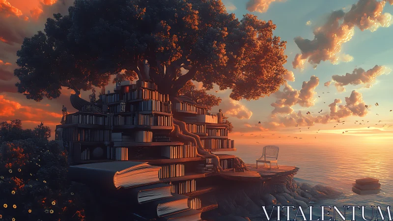 Coastal tree library formed from stacked books at sunset.