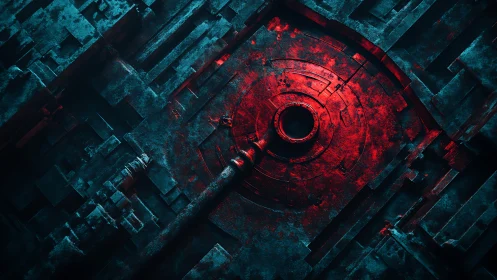 Red industrial core within teal geometric structure.