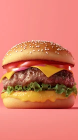Hyperreal sesame cheeseburger render on coral background