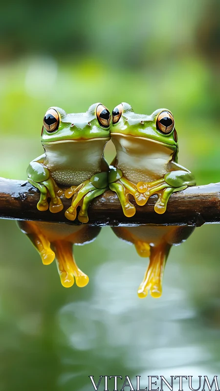 Cozy tree frogs sharing a quiet moment by the water.