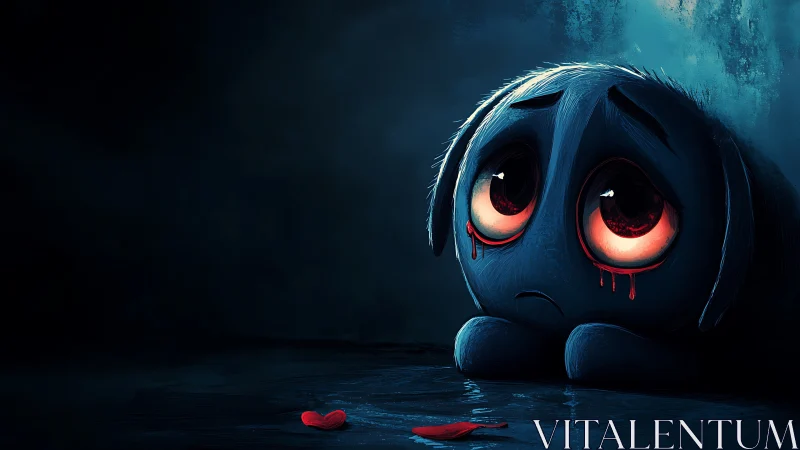 Tiny blue creature guards a shattered heart on the floor