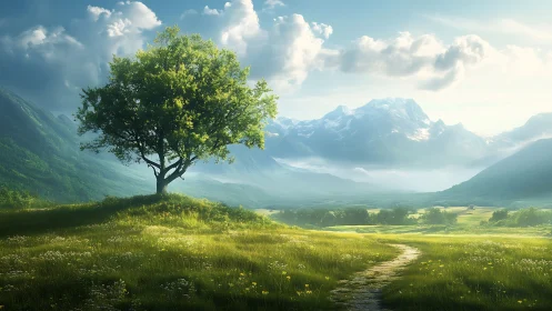 Lone hillside tree quietly conducts light across a vast valley