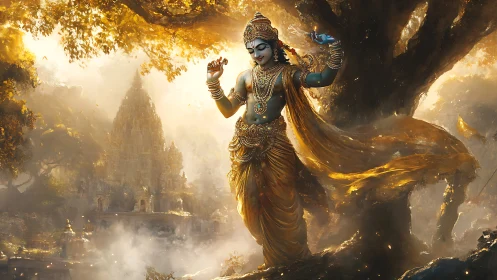 Divine blue-skinned deity dances before luminous temple forest