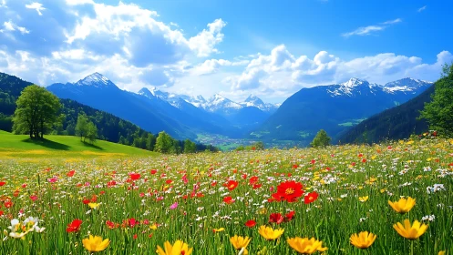 Mountain meadow with wildflowers under partly cloudy sky.