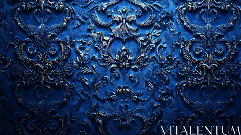 Ornate blue embossed wall pattern with baroque swirls.