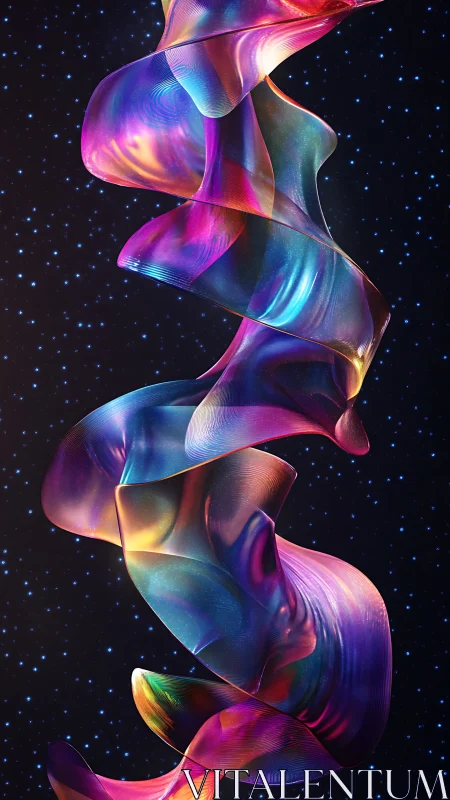 Iridescent cosmic ribbon twists through a starry void.