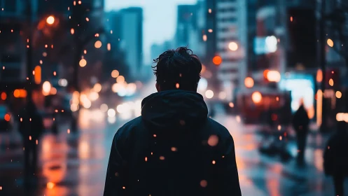 Silhouetted wanderer in neon city rain at blue hour dusk.