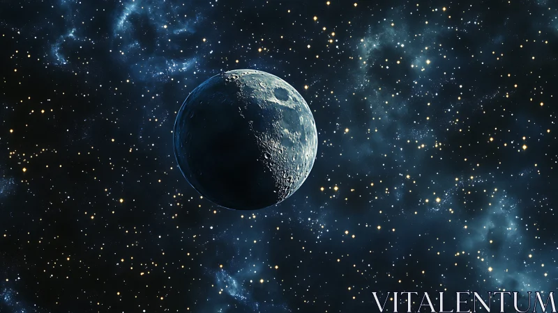 Quiet moon drifting through a star-splashed night sky.