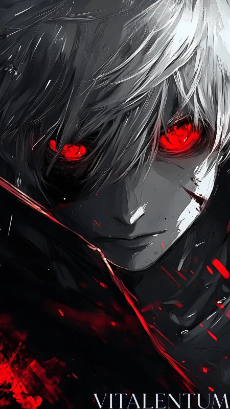 Monochrome ghoul portrait with high-contrast crimson optics.