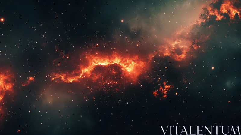 Fiery galactic nebula band against dark deep space field.