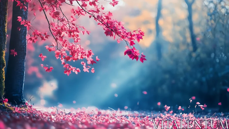 Autumn maple canopy frames luminous bokeh forest corridor