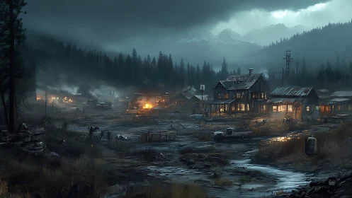 Post-apocalyptic logging settlement under storm-laden mountains.