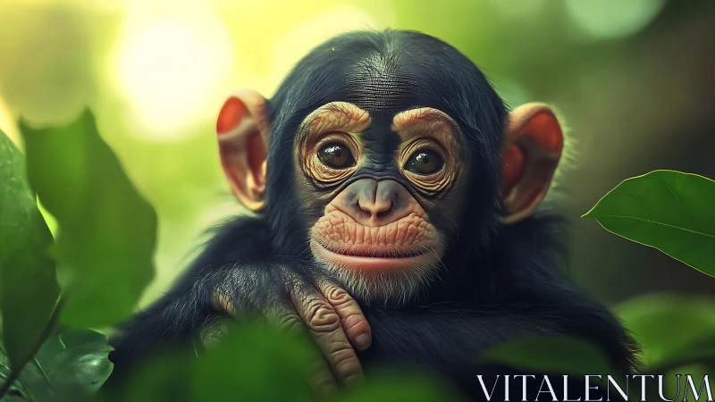 Curious baby chimpanzee gazes softly through lush green leaves