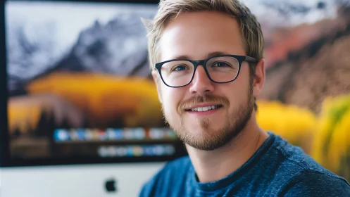 Friendly bearded designer smiling warmly at his workspace.