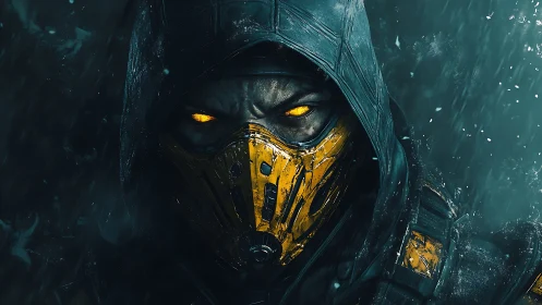 Storm-lit masked warrior with ember eyes in the shadows.