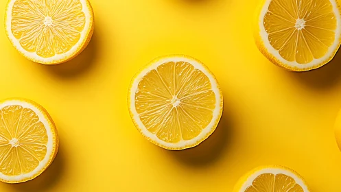 Sliced lemon halves form radial pattern on saturated yellow