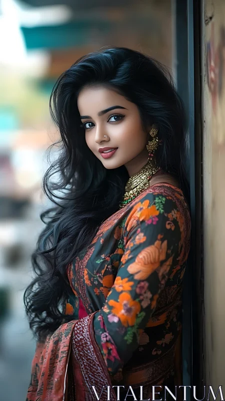 Graceful woman in floral saree shares a warm, gentle smile