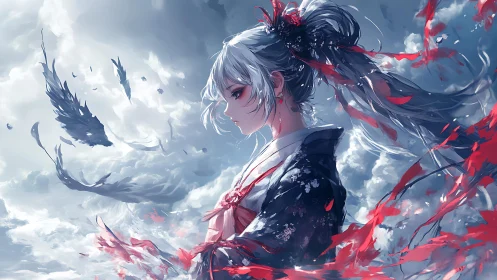 Side profile of silver-haired figure in kimono amid clouds.