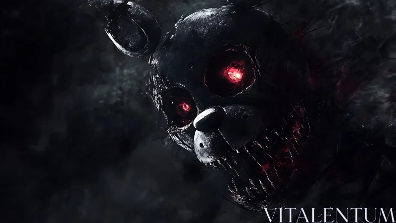 Deteriorated animatronic rabbit with incandescent ocular cores.