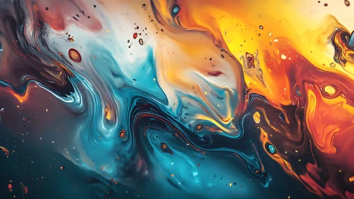 Chromatic fluid vortex with teal, amber and coral flows.