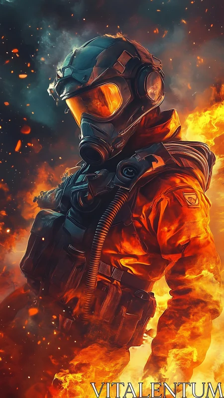 Armored operator in flames stands amid controlled fire