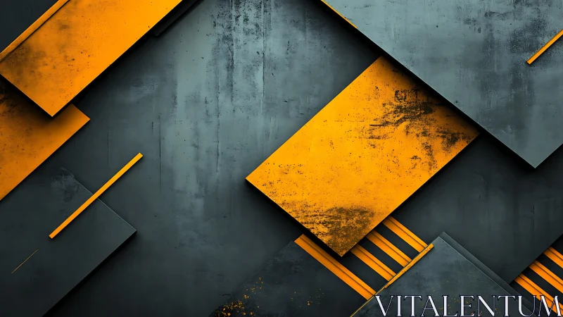 Rust-touched amber panels collide on charcoal geometry.