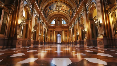 Golden palace hall bathed in gentle afternoon light.