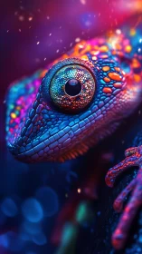 Neon reptile eye glows amid vibrant bokeh and cosmic hues.