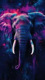 Neon-lit elephant portrait rendered in high-contrast digital style