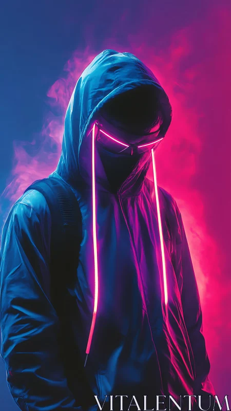 Neon-hooded cyber figure emerges from pink and blue smoke.